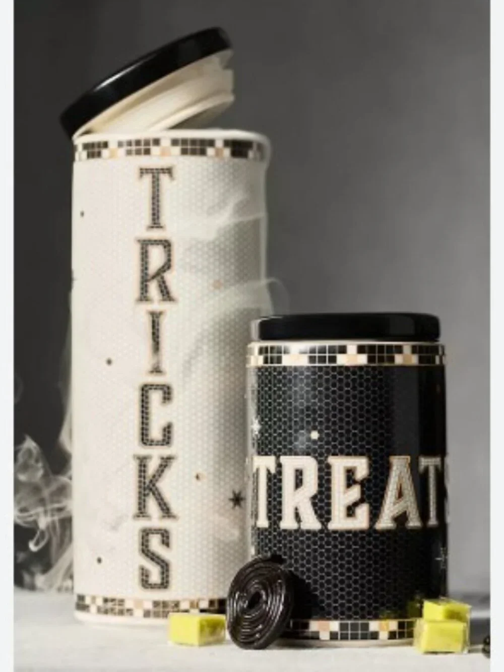 Anthropologie Bistro Tile Stoneware Canister: Halloween Edition – Tricks - NWT